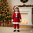 3–4 Yaş Kız Çocuk Noel Baba Kostümü – Şapkalı ve Kemerli Yılbaşı Elbise Seti