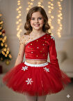 7–8 Yaş – Kırmızı Tütü Etek Kadife Tek Omuz Crop Üst Kristal Taş Hediyeli Yılbaşı Parti Kostümü