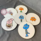 Uretti - Pınar 2572 - El Yapımı 6'lı Gumball Ve Ailesi Temalı Bardakı Altlığı - 13 x 13 cm