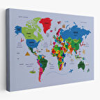 Harita Sepeti Türkçe Dünya Haritası Kanvas Tablo Ülke Başkentli ve Ünlü Yerler Sembollü 2704