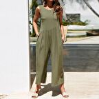 Barbora Keten Yazlık Günlük Sırt Dekolteli Salaş Kadın Tulum LN212haki8