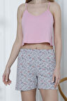 Kadın Şortlu Pijama Takımı İp Askılı Pamuklu Likralı PEMBE