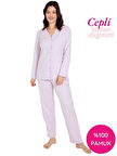 Kadın V Yaka Önden Düğmeli %100 Pamuk Uzun Kol Cepli Pijama Takımı