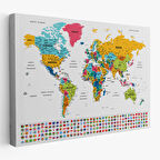 Harita Sepeti Türkçe Dünya Haritası Son Derece Ayrıntılı Eğitici ve Bayraklı Kanvas Tablo 2797