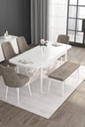 Roy Serisi 80x132 Açılabilir Mdf Beyaz Masa Takımı 4 Cappucino Sandalye ve 1 Bench