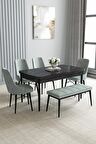 Loft Siyah Mermer Desen 80x132 Açılabilir Mdf Yemek Odası Takımı 4 Sandalye, 1 Bench
