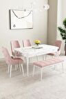 Mabel Beyaz Mermer Desen 80x132 Açılabilir Mdf Yemek Odası Takımı 4 Sandalye, 1 Bench