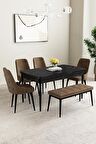 Mabel Siyah Mermer Desen 80x132 Açılabilir Mdf Yemek Odası Takımı 4 Sandalye, 1 Bench