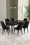 İkon Siyah Mermer Desen 80x132 Açılabilir Mdf Yemek Odası Takımı 6 Adet Sandalye