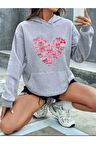 Kalp Fiyonk Baskılı İçi Polarlı Kapüşonlu Sweatshirt