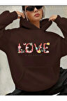 Love Yazı Detay Baskılı İçi Polarlı Kapüşonlu Sweatshirt