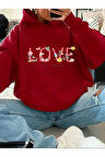 Love Yazı Detay Baskılı İçi Polarlı Kapüşonlu Sweatshirt