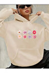 Çiçekler Baskılı İçi Polarlı Kapüşonlu Sweatshirt