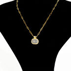 Biem Büyük Beyaz Taşlı Çelik Kolye