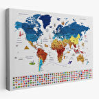 Harita Sepeti Türkçe Dünya Haritası Eğitici-Öğretici Sembollü Bayraklı Dekoratif Kanvas Tablo 2820