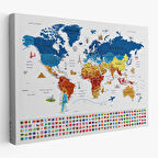 Harita Sepeti Dünya Haritası Ayrıntılı Eğitici Sembollü Bayraklı Dekoratif Kanvas Tablo 2821