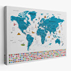 Harita Sepeti Dünya Haritası Ayrıntılı Eğitici Sembollü Bayraklı Dekoratif Kanvas Tablo 2831