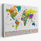 Harita Sepeti Türkçe Dünya Haritası Ayrıntılı Eğitici Sembollü Bayraklı Dekoratif Kanvas Tablo 2832