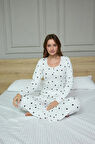 Kadın Kalp Desenli Dantel Ve Düğme Detaylı Pijama Takımı