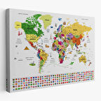 Harita Sepeti Türkçe Dünya Haritası Ayrıntılı Eğitici Sembollü Bayraklı Dekoratif Kanvas Tablo 2840