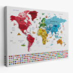 Harita Sepeti Dünya Haritası Ayrıntılı Eğitici Sembollü Bayraklı Dekoratif Kanvas Tablo 2877