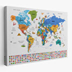 Harita Sepeti Türkçe Dünya Haritası Ayrıntılı Eğitici Sembollü Bayraklı Dekoratif Kanvas Tablo 2886