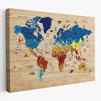 Harita Sepeti Ahşap Görünümlü Türkçe Dünya Haritası Sembollü Eğitici Dekoratif Kanvas Tablo 2891