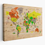 Harita Sepeti Ahşap Görünümlü Türkçe Dünya Haritası Sembollü Eğitici Dekoratif Kanvas Tablo 2893