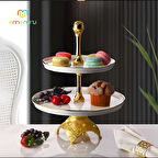 İki Katlı Porselen Kurabiyelik – İşlemeli Metal Tabanıyla Kraliyet Şıklığı - Renk Seçeneği Mevcuttur