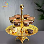 Yuvarlak Tepsili Mırra Kahve Sunum Seti – Zarif Cam Fincanlarla Metal İşlemeli Şık Takım