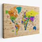 Harita Sepeti Ahşap Görünümlü Türkçe Dünya Haritası Sembollü Eğitici Dekoratif Kanvas Tablo 2903