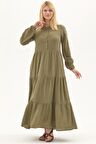 Uzun Kol Haki Düğmeli Yazlık Uzun Müslin Elbise 