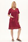 Şile Bezi Bordo Kısa Kol Kruvaze Yaka Nakışlı Yazlık Midi Elbise