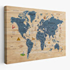 Harita Sepeti Ahşap Görünümlü Dünya Haritası Sembollü Eğitici Dekoratif Kanvas Tablo 2912