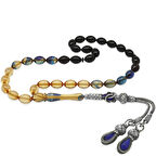 1000 Ayar Gümüş Kazaz Püsküllü Arpa Kesim Süzme Mavi-Beyaz Ateş Kehribar Tesbih