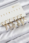 Pirinç Zirkon Taşlı İstiridye Balina Ve Yıldız Gold Renk 6'lı Küpe Set - TJ-BKP11203