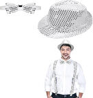 Gümüş Payetli Şapka ve Papyon Seti – Parıltılı Yetişkin Kostüm Seti