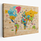 Harita Sepeti Ahşap Görünümlü Türkçe Dünya Haritası Sembollü Eğitici Kanvas Tablo 2939