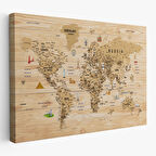 Harita Sepeti Ahşap Görünümlü Dünya Haritası Sembollü Eğitici Dekoratif Kanvas Tablo 2944