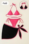 Vitaliselanfashion Kadın Fuşya Siyah Pareolu Yandan ve Boyundan Bağlamalı 3'lü Bikini Takımı