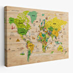 Harita Sepeti Ahşap Görünümlü Türkçe Dünya Haritası Sembollü Eğitici Kanvas Tablo 2947