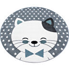 Yuvarlak Soft Yumuşak Çocuk Odası Halısı Neşeli Kedi ve Yıldız desenli Gri Mavi Beyaz