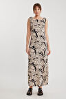 Desenli Yanı Yırtmaçlı Uzun Elbise