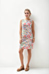 Desenli Sıfır Kol Keten Elbise