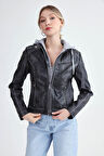 Kapüşonlu Suni Deri Crop Biker Ceket