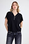 Modal Kumaş Önü Fermuarlı Kısa Kol Bluz