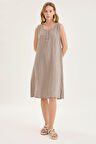 Sedef Düğmeli Sıfır Kol Keten Elbise