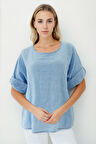 Geniş Yaka Yarım Kol Keten Bluz