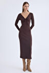 V Yaka Önü Düğüm Detaylı Uzun Elbise