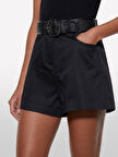 Streç Pamuklu Cepli Yüksek Bel Slim Fit Şort Kadın Siyah Şort - 325P4ED4L901N